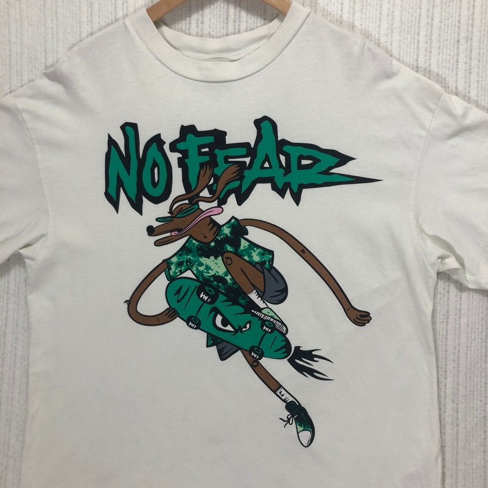 No Fear +H&M Graphic T-Shirt Skateboard‎ Dog Cartoon White Tee Size XS